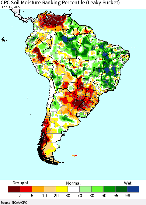South America CPC Soil Moisture Ranking Percentile (Leaky Bucket) Thematic Map For 2/11/2022 - 2/15/2022