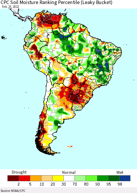 South America CPC Soil Moisture Ranking Percentile (Leaky Bucket) Thematic Map For 2/21/2022 - 2/25/2022