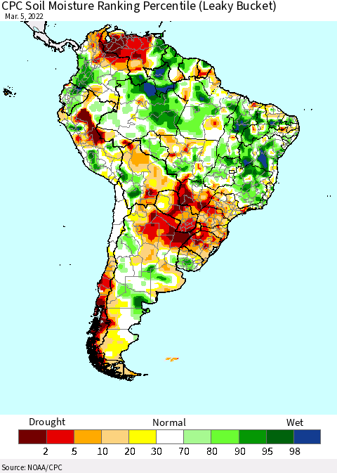 South America CPC Soil Moisture Ranking Percentile (Leaky Bucket) Thematic Map For 3/1/2022 - 3/5/2022