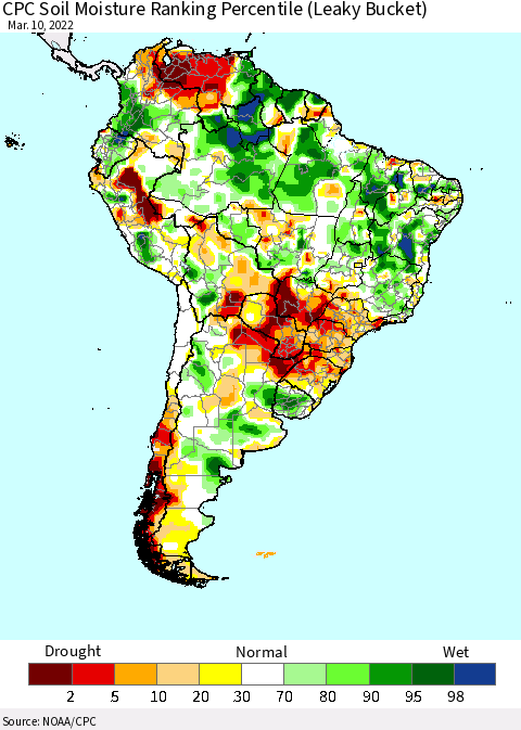 South America CPC Soil Moisture Ranking Percentile (Leaky Bucket) Thematic Map For 3/6/2022 - 3/10/2022