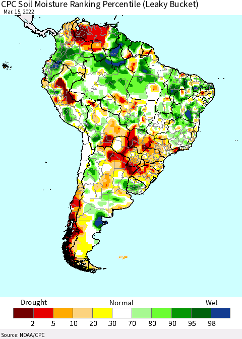 South America CPC Soil Moisture Ranking Percentile (Leaky Bucket) Thematic Map For 3/11/2022 - 3/15/2022