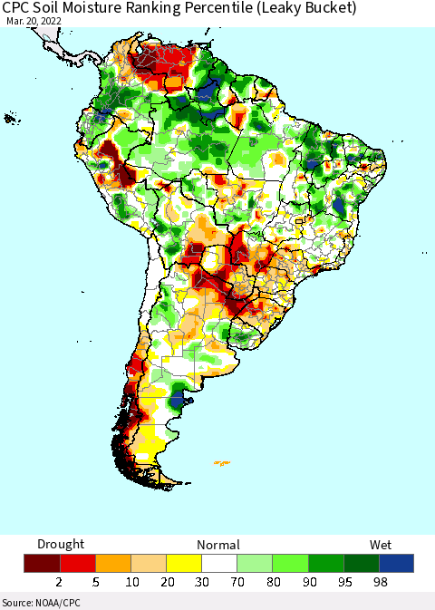 South America CPC Soil Moisture Ranking Percentile (Leaky Bucket) Thematic Map For 3/16/2022 - 3/20/2022
