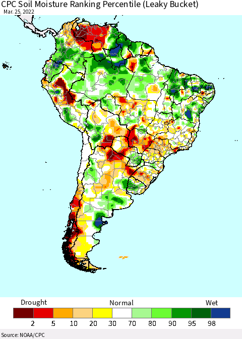 South America CPC Soil Moisture Ranking Percentile (Leaky Bucket) Thematic Map For 3/21/2022 - 3/25/2022