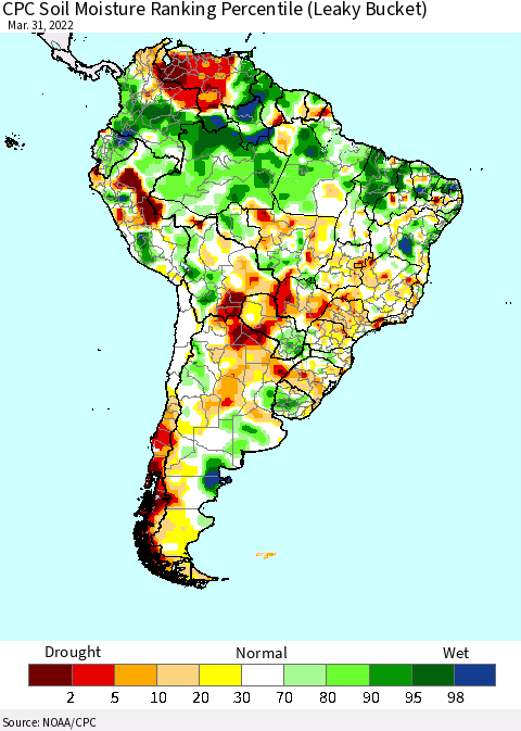 South America CPC Soil Moisture Ranking Percentile (Leaky Bucket) Thematic Map For 3/26/2022 - 3/31/2022
