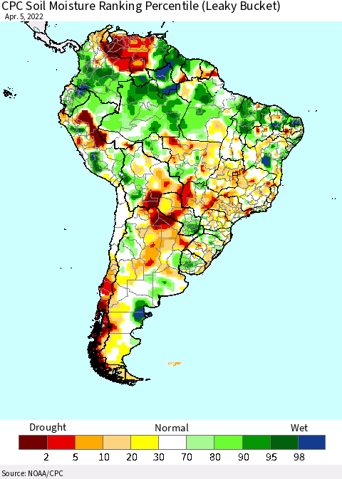 South America CPC Soil Moisture Ranking Percentile (Leaky Bucket) Thematic Map For 4/1/2022 - 4/5/2022