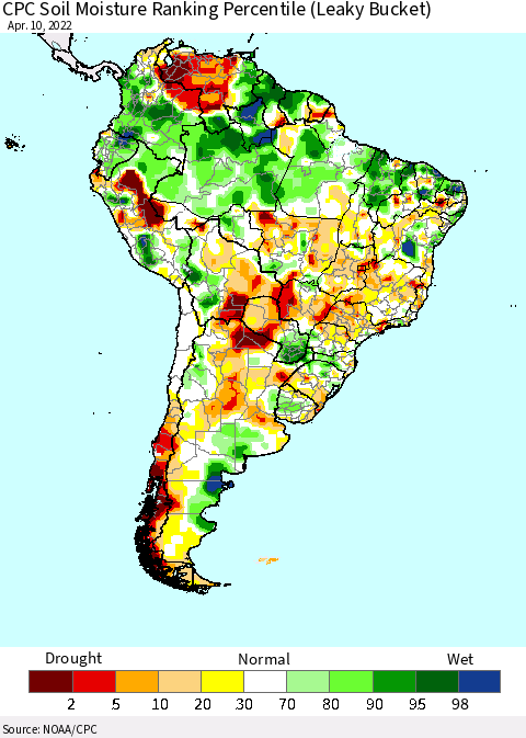 South America CPC Soil Moisture Ranking Percentile (Leaky Bucket) Thematic Map For 4/6/2022 - 4/10/2022