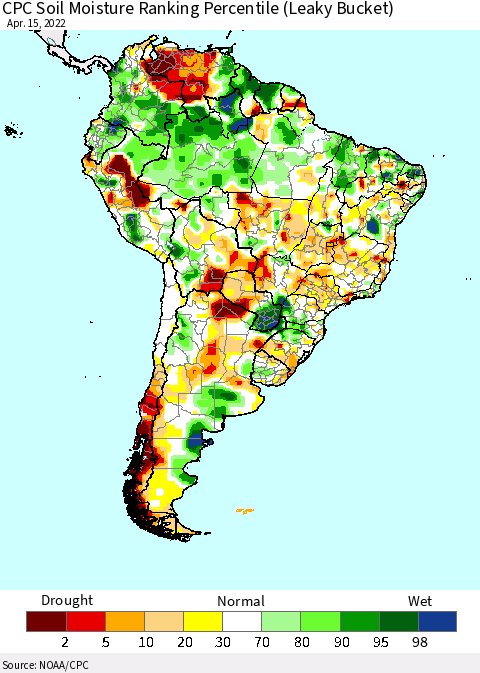 South America CPC Soil Moisture Ranking Percentile (Leaky Bucket) Thematic Map For 4/11/2022 - 4/15/2022