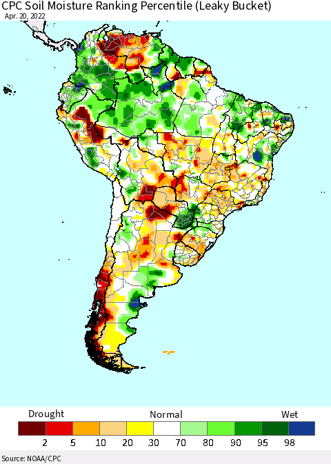 South America CPC Soil Moisture Ranking Percentile (Leaky Bucket) Thematic Map For 4/16/2022 - 4/20/2022
