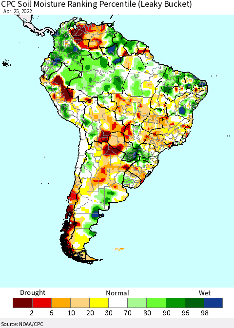 South America CPC Soil Moisture Ranking Percentile (Leaky Bucket) Thematic Map For 4/21/2022 - 4/25/2022