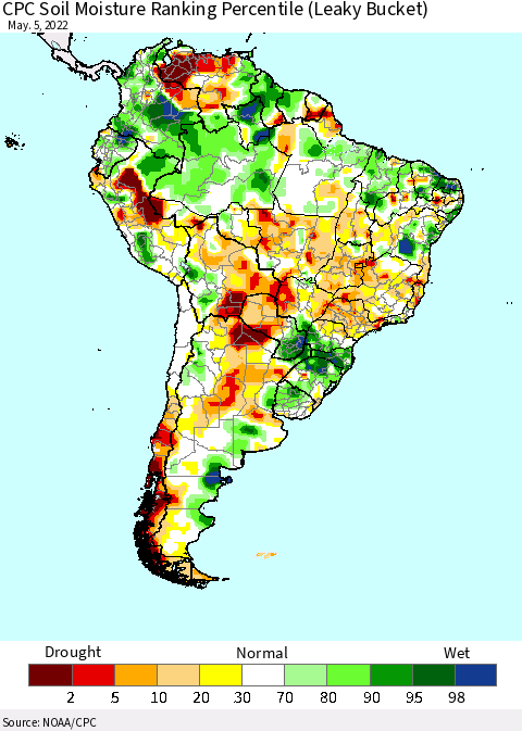 South America CPC Soil Moisture Ranking Percentile (Leaky Bucket) Thematic Map For 5/1/2022 - 5/5/2022
