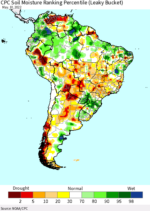 South America CPC Soil Moisture Ranking Percentile (Leaky Bucket) Thematic Map For 5/6/2022 - 5/10/2022