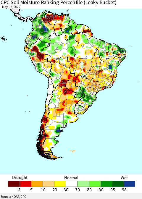 South America CPC Soil Moisture Ranking Percentile (Leaky Bucket) Thematic Map For 5/11/2022 - 5/15/2022