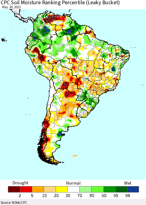 South America CPC Soil Moisture Ranking Percentile (Leaky Bucket) Thematic Map For 5/16/2022 - 5/20/2022