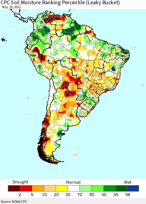 South America CPC Soil Moisture Ranking Percentile (Leaky Bucket) Thematic Map For 5/21/2022 - 5/25/2022