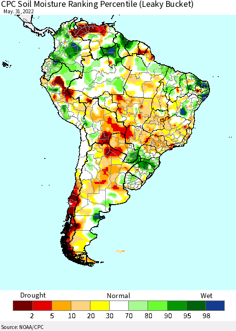 South America CPC Soil Moisture Ranking Percentile (Leaky Bucket) Thematic Map For 5/26/2022 - 5/31/2022