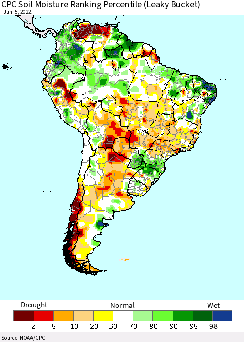 South America CPC Soil Moisture Ranking Percentile (Leaky Bucket) Thematic Map For 6/1/2022 - 6/5/2022