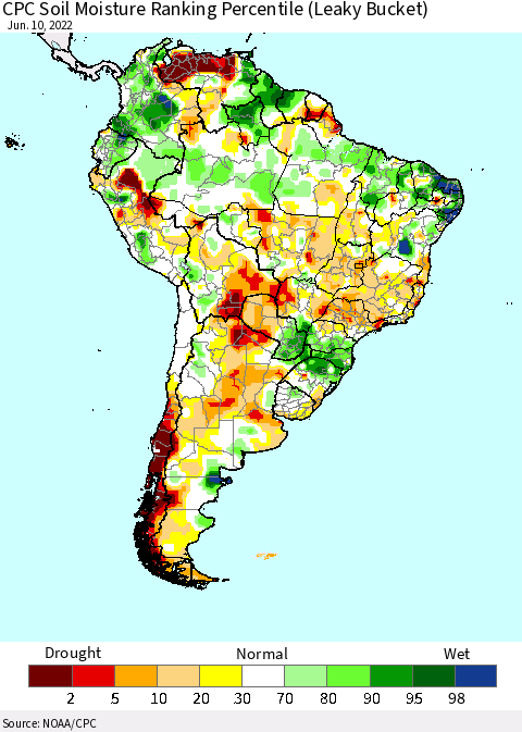 South America CPC Soil Moisture Ranking Percentile (Leaky Bucket) Thematic Map For 6/6/2022 - 6/10/2022