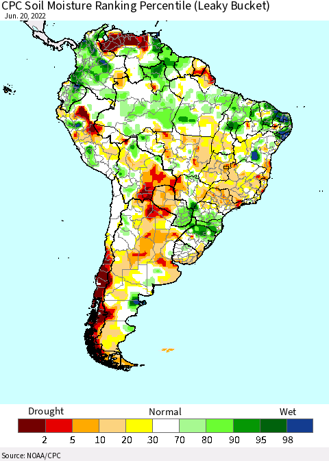South America CPC Soil Moisture Ranking Percentile (Leaky Bucket) Thematic Map For 6/16/2022 - 6/20/2022