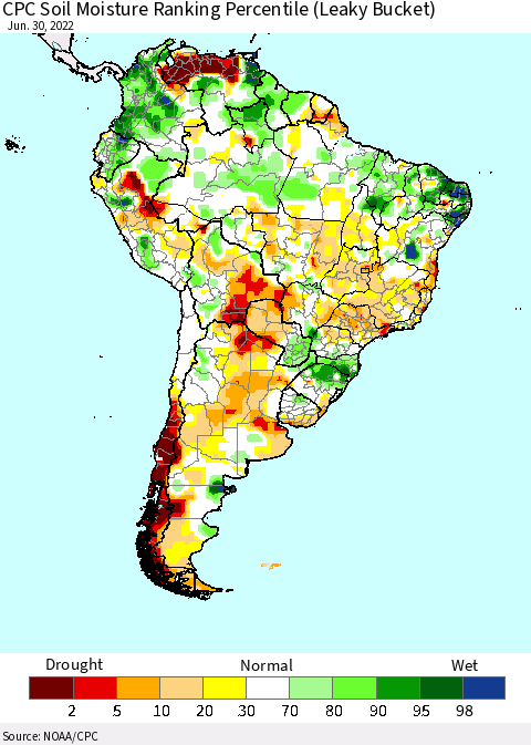 South America CPC Soil Moisture Ranking Percentile (Leaky Bucket) Thematic Map For 6/26/2022 - 6/30/2022