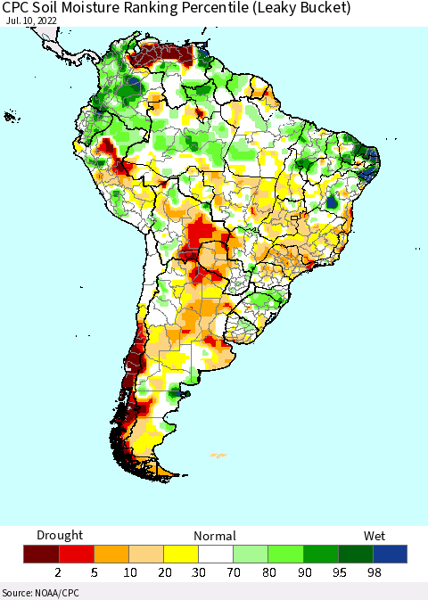South America CPC Soil Moisture Ranking Percentile (Leaky Bucket) Thematic Map For 7/6/2022 - 7/10/2022
