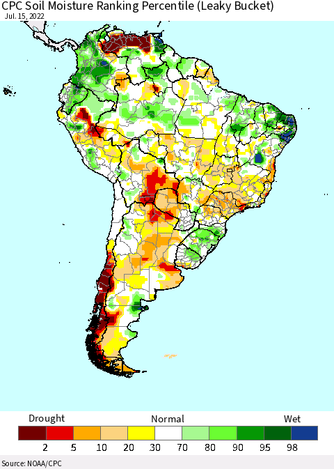 South America CPC Soil Moisture Ranking Percentile (Leaky Bucket) Thematic Map For 7/11/2022 - 7/15/2022