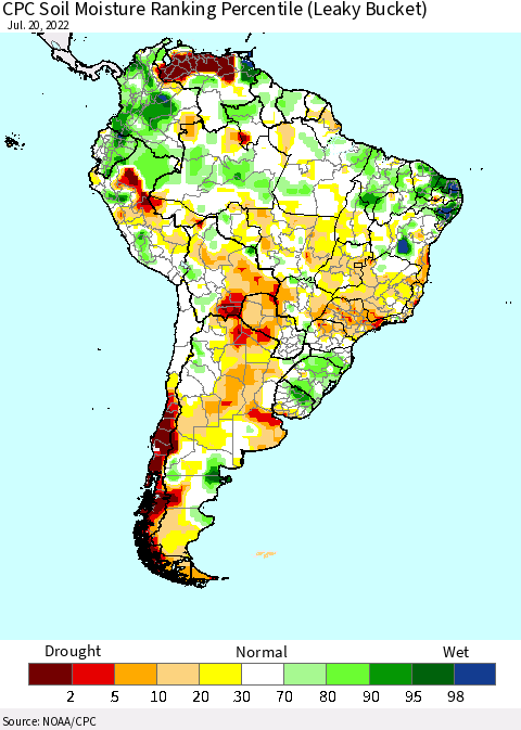 South America CPC Soil Moisture Ranking Percentile (Leaky Bucket) Thematic Map For 7/16/2022 - 7/20/2022