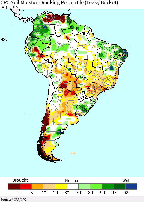 South America CPC Soil Moisture Ranking Percentile (Leaky Bucket) Thematic Map For 8/1/2022 - 8/5/2022