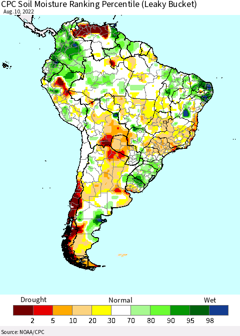 South America CPC Soil Moisture Ranking Percentile (Leaky Bucket) Thematic Map For 8/6/2022 - 8/10/2022