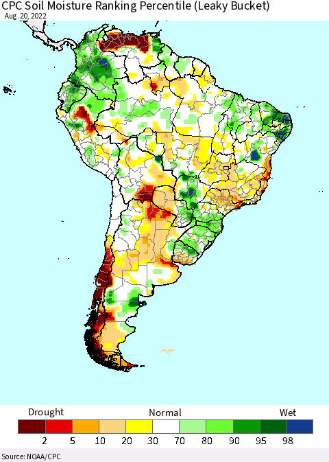 South America CPC Soil Moisture Ranking Percentile (Leaky Bucket) Thematic Map For 8/16/2022 - 8/20/2022
