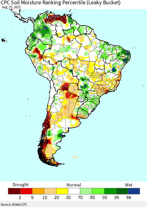 South America CPC Soil Moisture Ranking Percentile (Leaky Bucket) Thematic Map For 8/21/2022 - 8/25/2022