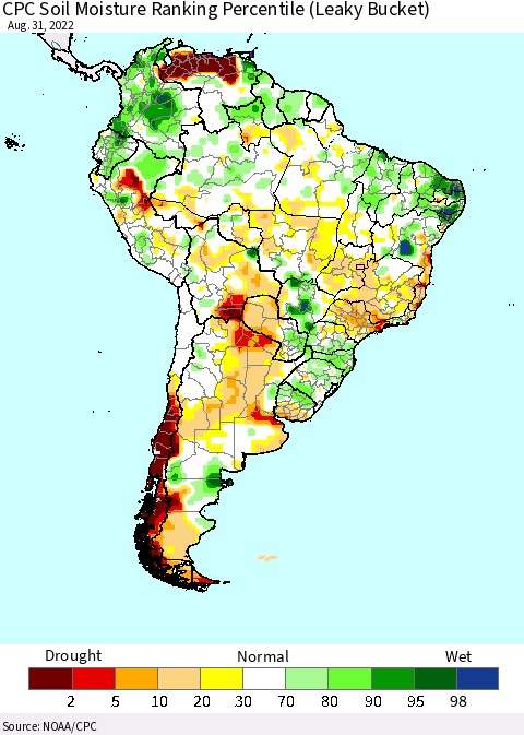 South America CPC Soil Moisture Ranking Percentile (Leaky Bucket) Thematic Map For 8/26/2022 - 8/31/2022