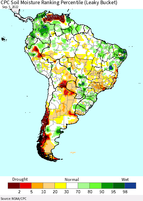 South America CPC Soil Moisture Ranking Percentile (Leaky Bucket) Thematic Map For 9/1/2022 - 9/5/2022