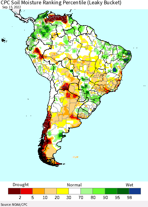 South America CPC Soil Moisture Ranking Percentile (Leaky Bucket) Thematic Map For 9/11/2022 - 9/15/2022