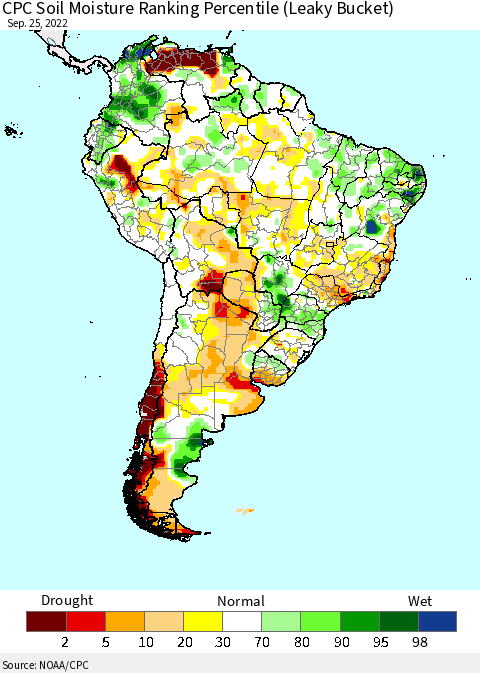 South America CPC Soil Moisture Ranking Percentile (Leaky Bucket) Thematic Map For 9/21/2022 - 9/25/2022