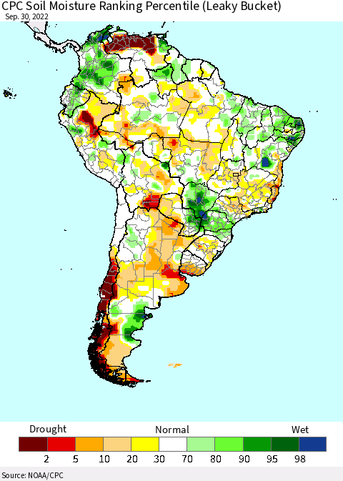 South America CPC Soil Moisture Ranking Percentile (Leaky Bucket) Thematic Map For 9/26/2022 - 9/30/2022