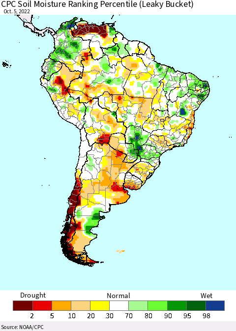 South America CPC Soil Moisture Ranking Percentile (Leaky Bucket) Thematic Map For 10/1/2022 - 10/5/2022