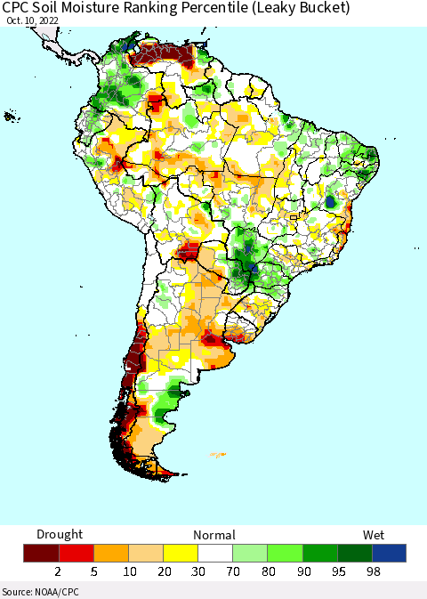 South America CPC Soil Moisture Ranking Percentile (Leaky Bucket) Thematic Map For 10/6/2022 - 10/10/2022