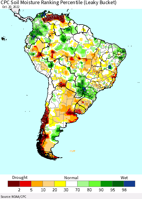 South America CPC Soil Moisture Ranking Percentile (Leaky Bucket) Thematic Map For 10/16/2022 - 10/20/2022