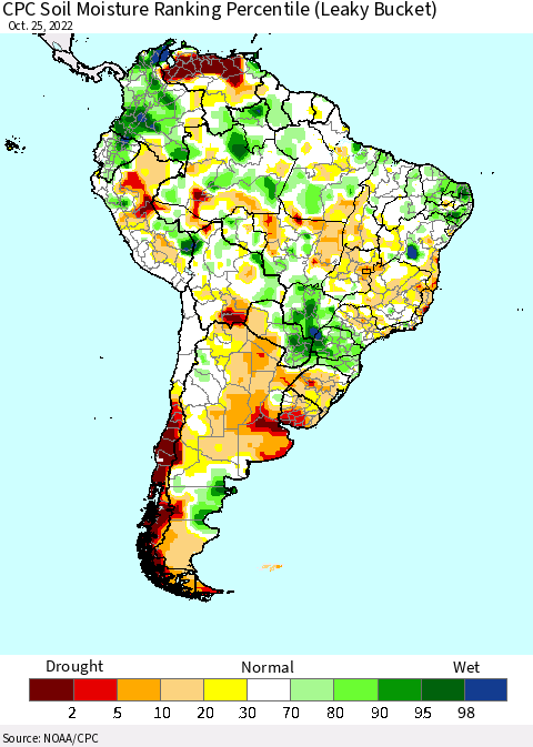 South America CPC Soil Moisture Ranking Percentile (Leaky Bucket) Thematic Map For 10/21/2022 - 10/25/2022