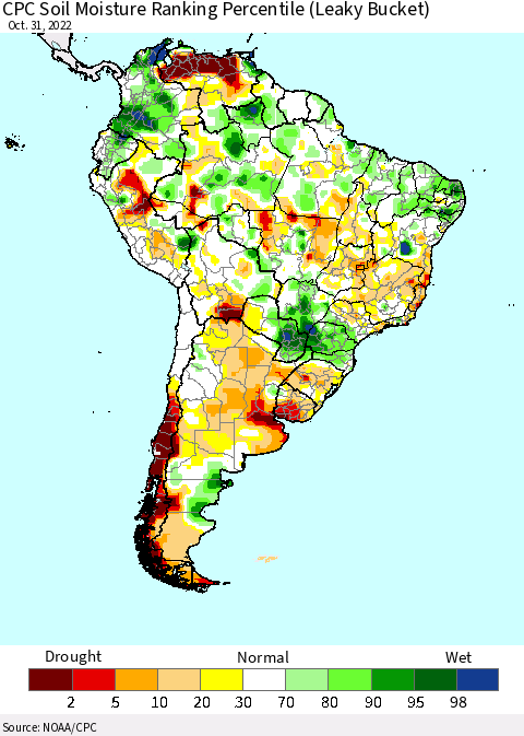 South America CPC Soil Moisture Ranking Percentile (Leaky Bucket) Thematic Map For 10/26/2022 - 10/31/2022