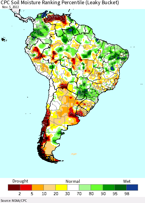 South America CPC Soil Moisture Ranking Percentile (Leaky Bucket) Thematic Map For 11/1/2022 - 11/5/2022