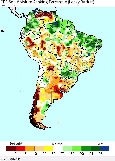 South America CPC Soil Moisture Ranking Percentile (Leaky Bucket) Thematic Map For 11/6/2022 - 11/10/2022
