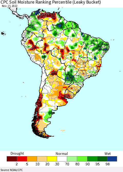 South America CPC Soil Moisture Ranking Percentile (Leaky Bucket) Thematic Map For 11/11/2022 - 11/15/2022