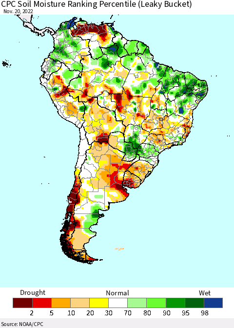 South America CPC Soil Moisture Ranking Percentile (Leaky Bucket) Thematic Map For 11/16/2022 - 11/20/2022