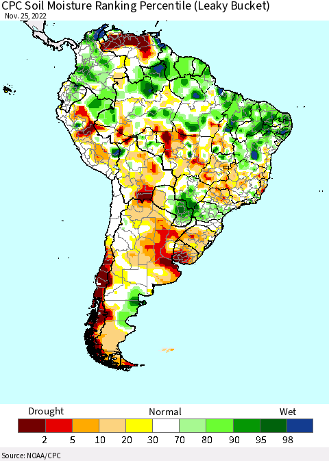South America CPC Soil Moisture Ranking Percentile (Leaky Bucket) Thematic Map For 11/21/2022 - 11/25/2022
