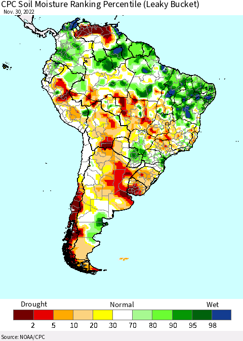 South America CPC Soil Moisture Ranking Percentile (Leaky Bucket) Thematic Map For 11/26/2022 - 11/30/2022