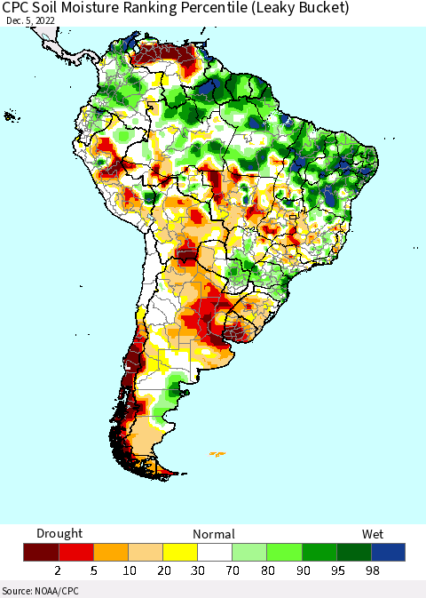 South America CPC Soil Moisture Ranking Percentile (Leaky Bucket) Thematic Map For 12/1/2022 - 12/5/2022