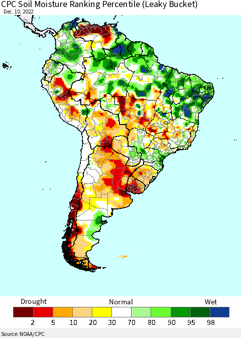 South America CPC Soil Moisture Ranking Percentile (Leaky Bucket) Thematic Map For 12/6/2022 - 12/10/2022