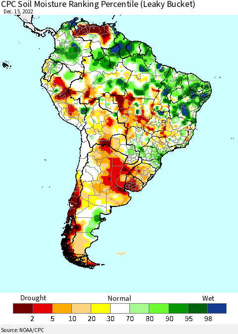 South America CPC Soil Moisture Ranking Percentile (Leaky Bucket) Thematic Map For 12/11/2022 - 12/15/2022