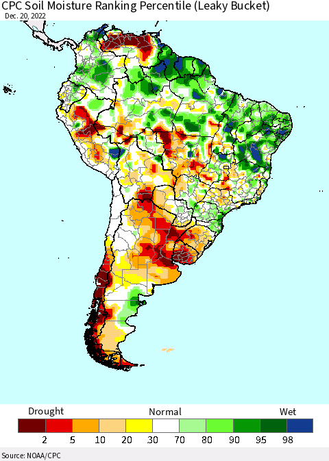 South America CPC Soil Moisture Ranking Percentile (Leaky Bucket) Thematic Map For 12/16/2022 - 12/20/2022